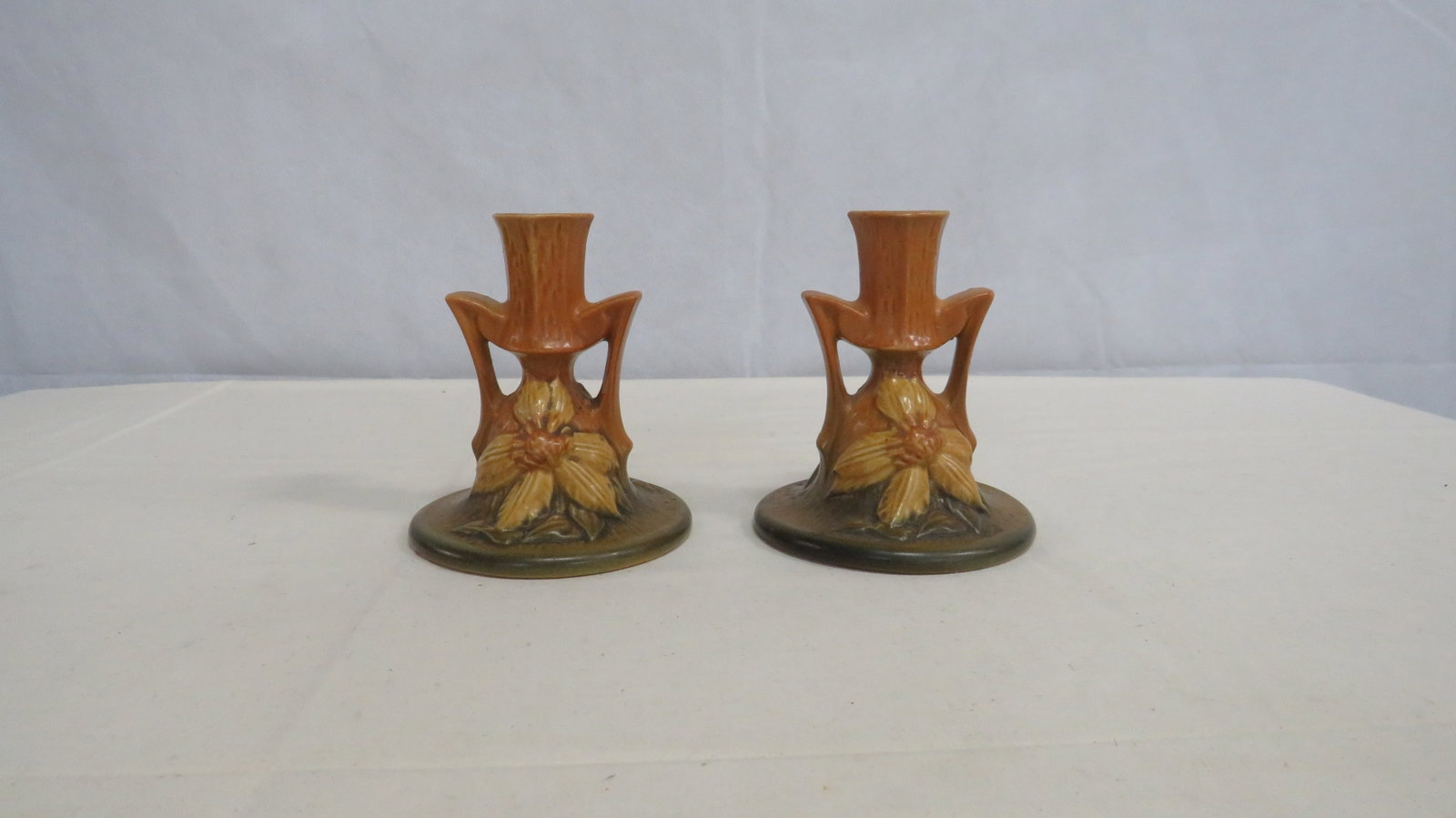 Pair Roseville Art Pottery Clematis Candlesticks (1 of 4)