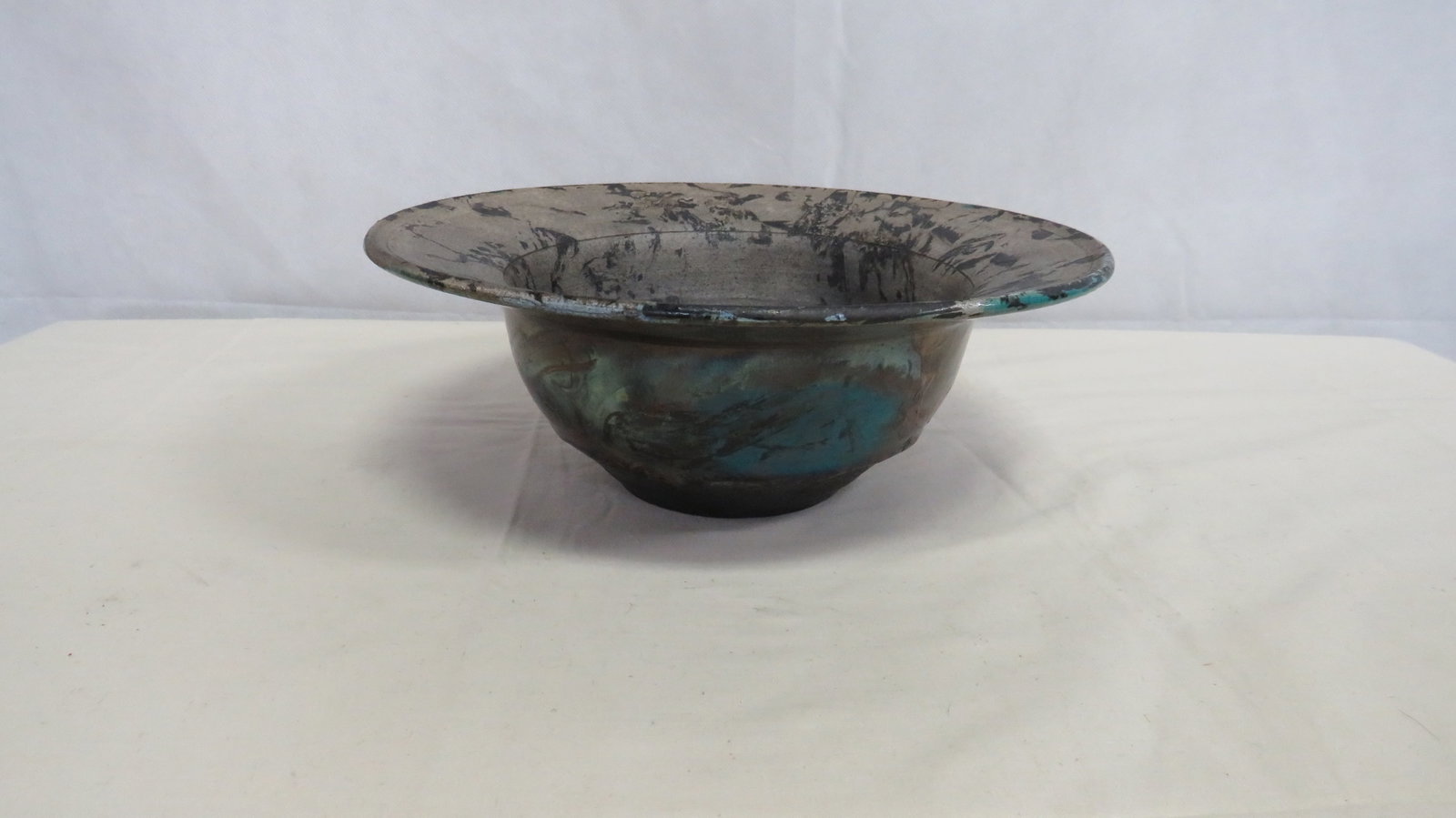 Vintage Large Raku Studio Art Pottery Bowl: Vintage Large Raku Studio Art Pottery Bowl in good condition. Artist signed. 4"H x 11.5"D