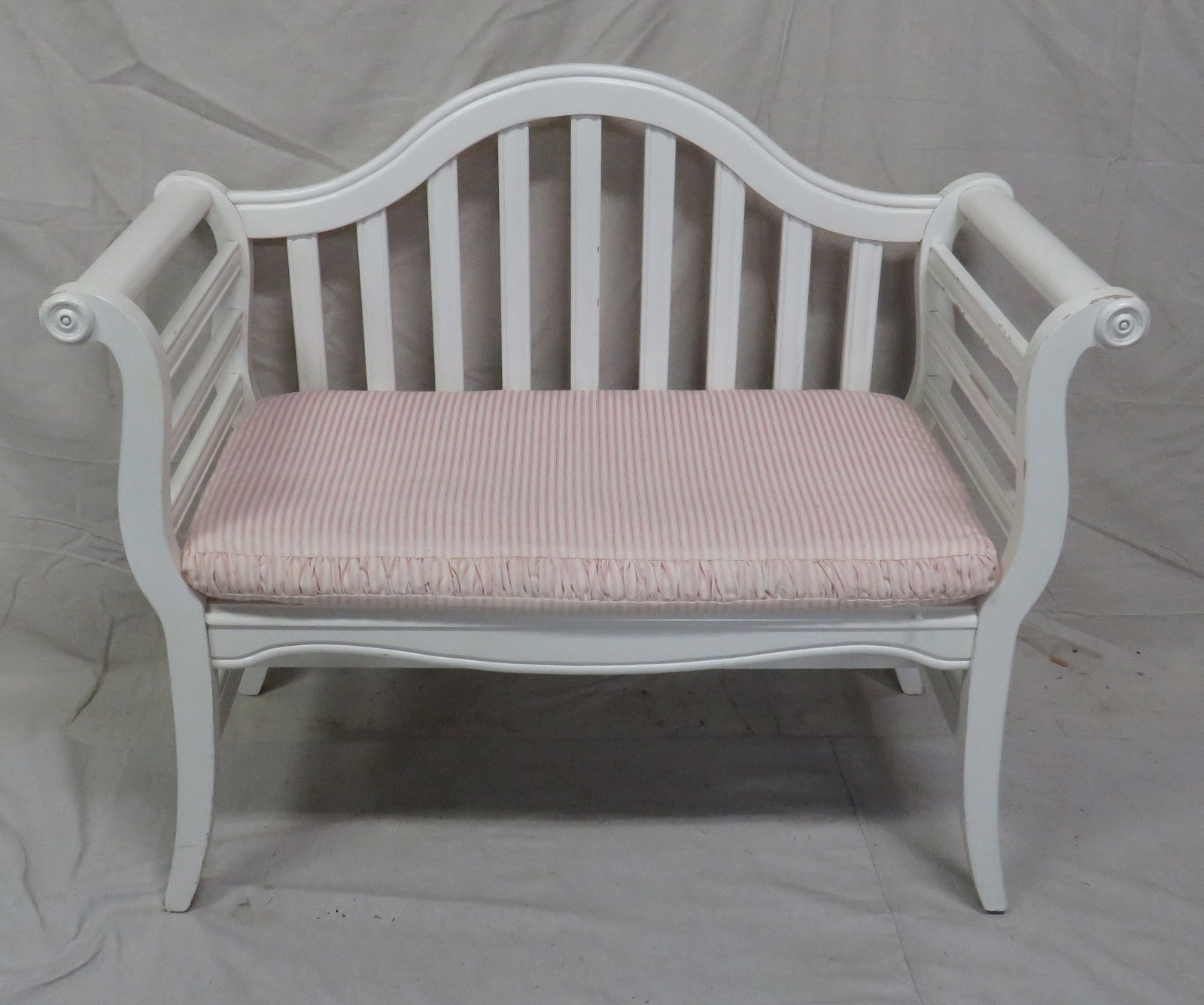 White Rolled Arm Bench: White Rolled Arm Bench in good condition, shows signs of use, 35"H x 42''W x 19''D