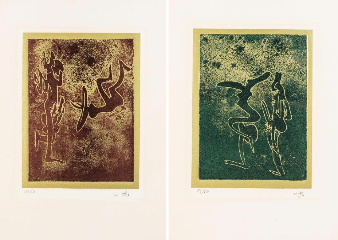 Roberto Matta (1911-2002) "Sans titre vert" & "Sans: Roberto Matta (1911-2002) "Sans titre vert" Estampe sur papier doré sbd tirage 28/50 26.6x20.3 cm & Roberto Matta (1911-2002) "Sans titre rouge" Estampe sur papier doré sbd tirage 28/50 26.6x20.3 cm