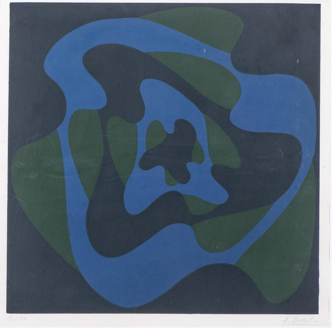 Angel Duarte (1930-2007), "Composition cinétique en: Angel Duarte (1930-2007), "Composition cinétique en bleu et vert". Lithographie numérotée bg 15/30 et sbd. Feuille 39.5x39.5 cm à vue ; lithographie 37x37 cm Provenance: