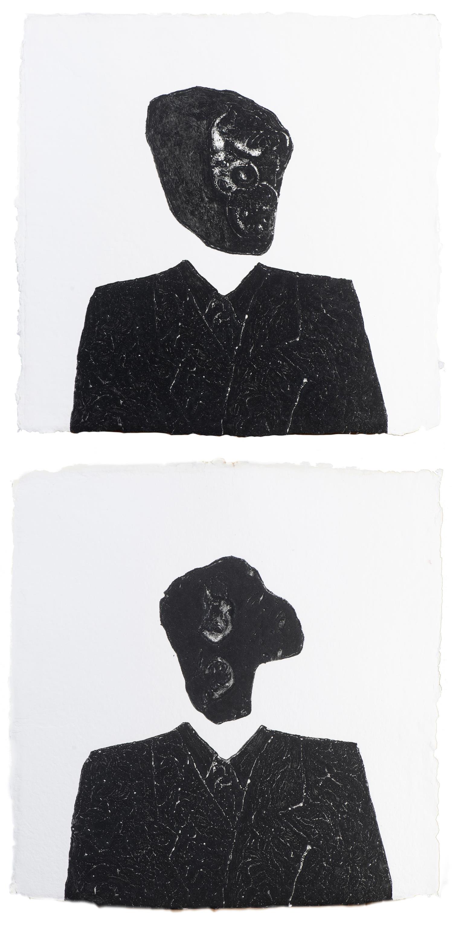 David Lynch (né en 1946), "Sans Titre", "Figure 2" &: David Lynch (né en 1946), "Sans Titre", "Figure 2" & "Figure 3", 1997. Paire de monoprints en relief sur papier fait à la main par Bruce Crownover. Inscription Tandem Press DL97 509.31 & 32 et sig
