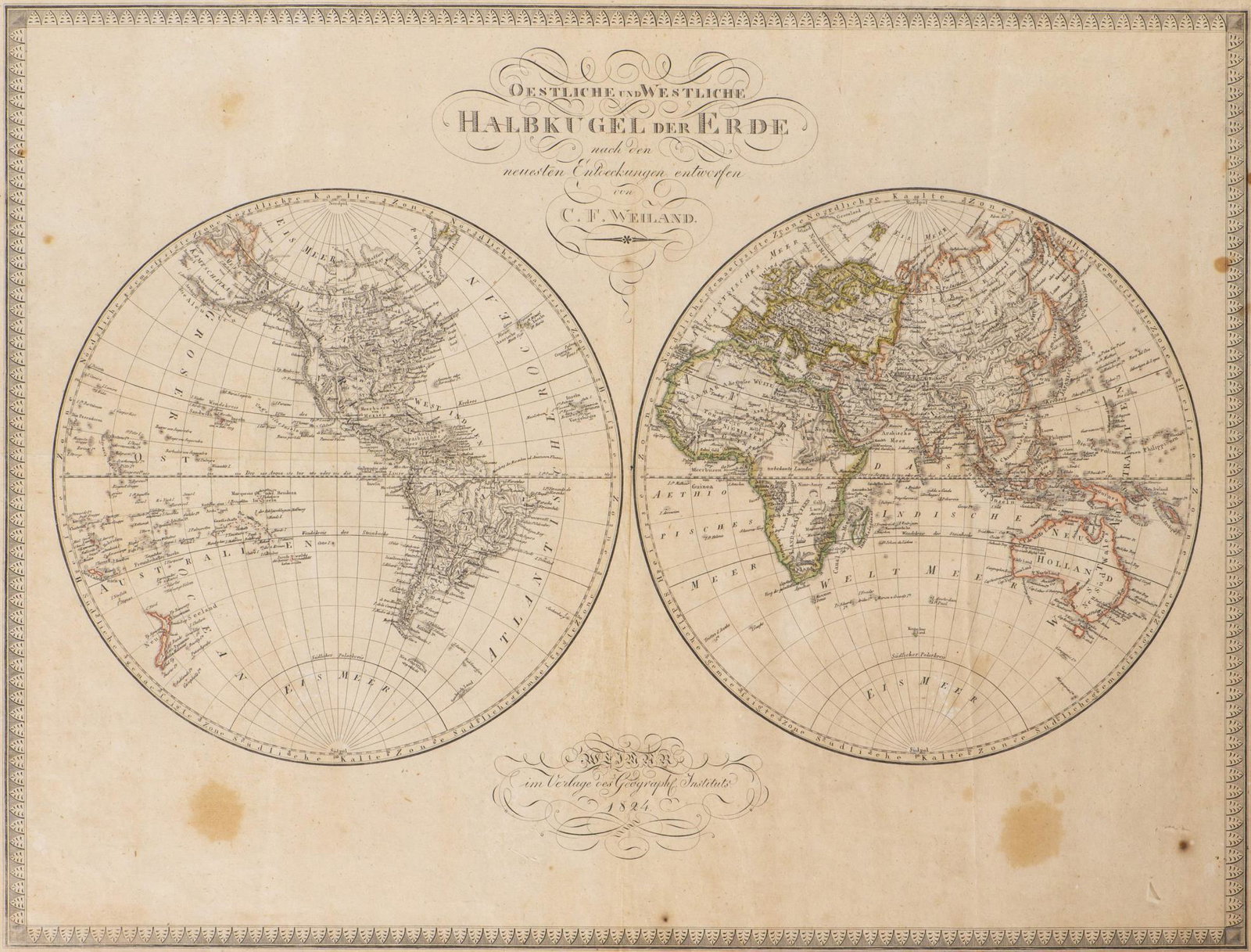 Von CF Weiland "Oestliche und Westliche Halbkugel der: Von CF Weiland "Oestliche und Westliche Halbkugel der Erde" nach den neuesten Entdeckungen entworfen von C.F. Weiland. Im Verlage des Geographe. Instituts, 1824. Légèrement aquarellée. 61x75 cm