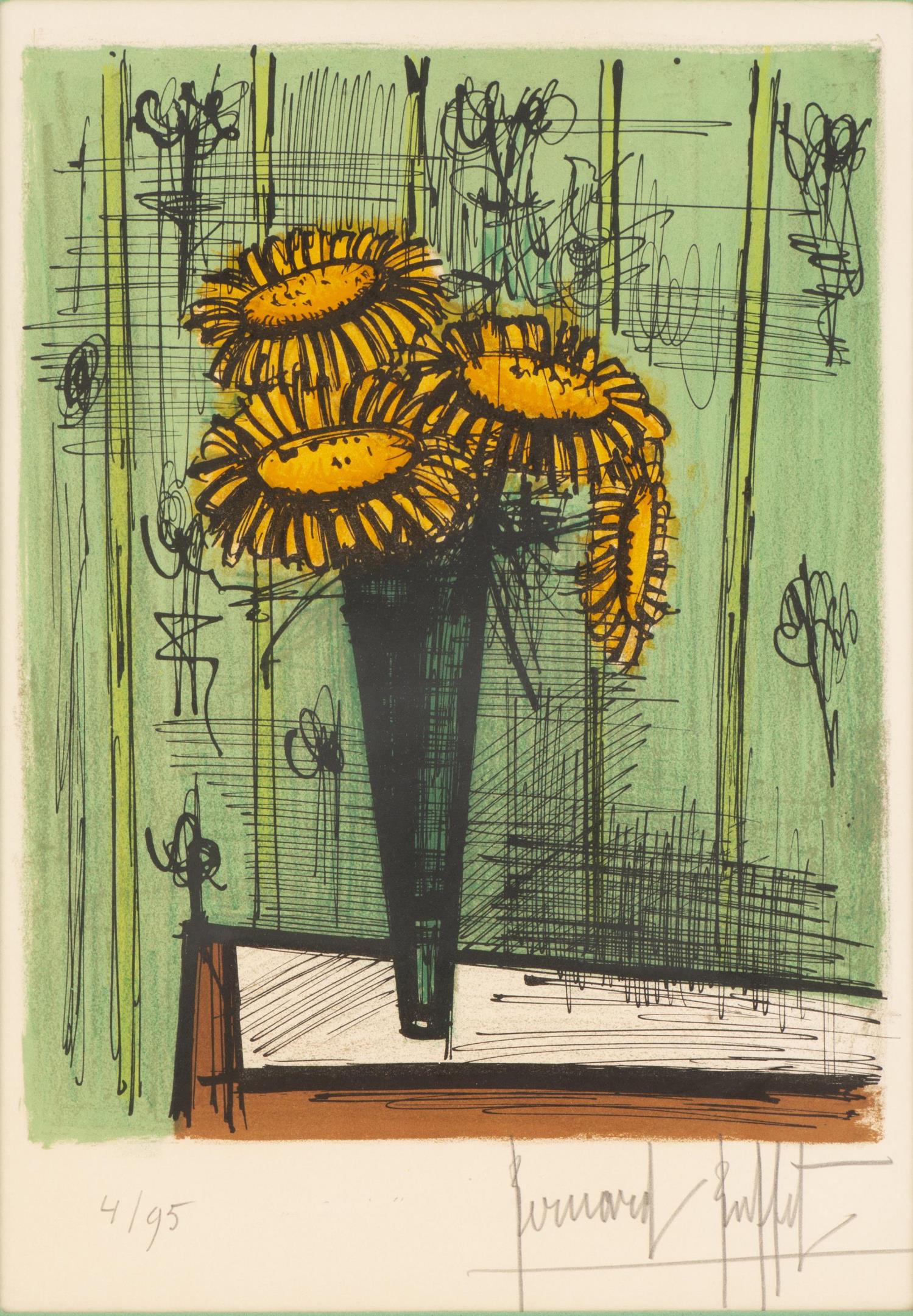 Bernard BUFFET (1928-1999) "Tournesols": Bernard Buffet (1928-1999) "Tournesols". Lithographie en couleurs num. 4/95 et sbd au crayon. 33x26.5 cm Papier à vue 40x28.5 cm