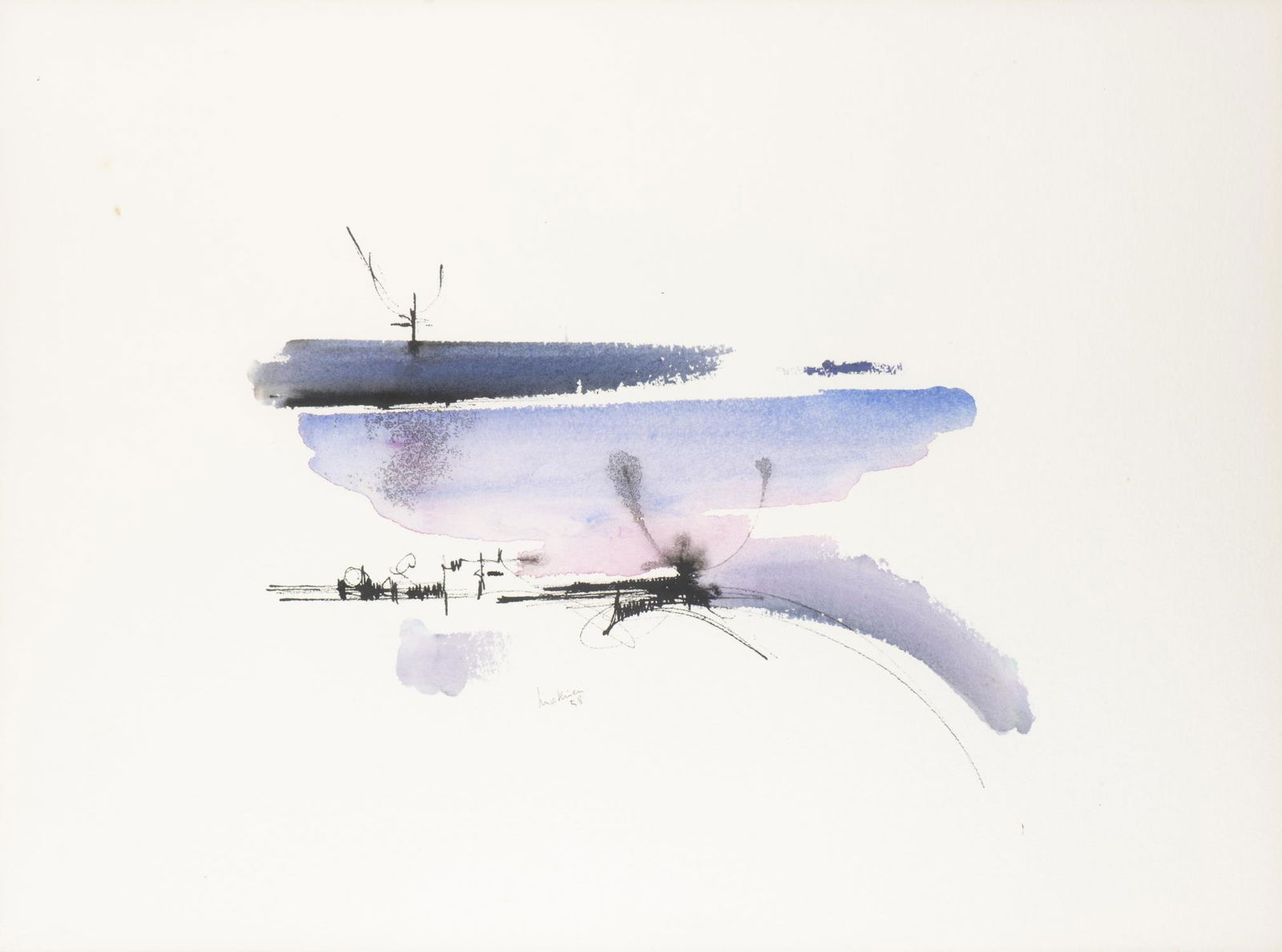 Georges Mathieu (1921-2012) "Composition - Extrait: Georges Mathieu (1921-2012) "Composition - Extrait à un reflet de la commune de Charlemagne" . Aquarelle et encre sur papier sbm et daté 1958 n°5. 54x73 cm