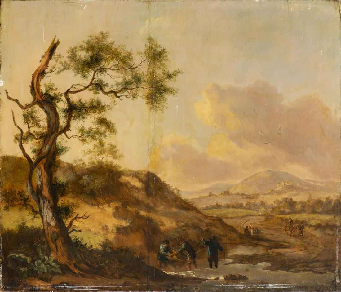 Jan WIJNANTS (c. 1630-1684) attr. À "Paysans au: Jan WIJNANTS (c. 1630-1684) attr. à "Paysans au bord d'un ruisseau", huile sur panneau, ns. 37.5x44 cm