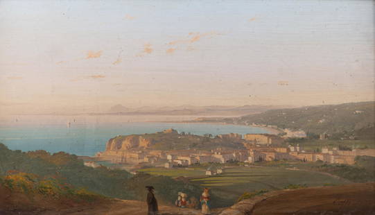 Ippolito CAFFI (1809-1866) "Baie de Nice", huile: Ippolito CAFFI (1809-1866) "Baie de Nice" huile sur carton signé en bas à droite Caffi et daté 1852. 23.3 x 40.5 cm