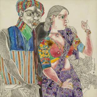 K. Laxma Goud 1940 Untitled (Couple): mixed media on paper Date Created 2002 Size (inches) 6.75"x7.25" Size (cm) 17.1cm x 18.4cm