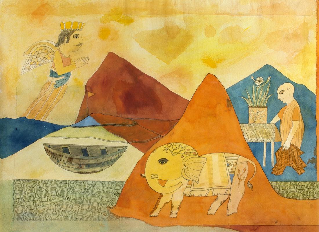 Badri Narayan 1929-2013 Welcoming The 6-Tusked Elephant: watercolor on paper Date Created 2005 Size (inches) 19.5"x27" Size (cm) 49.5cm x 68.6cm
