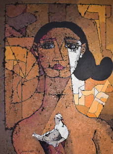 Jamil Naqsh 1939-2019 Untitled (Lady with a Pigeon): oil on canvas Date Created 2006 Size (inches) 48"x36" Size (cm) 121.9cm x 91.4cm