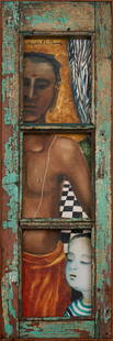 Anjolie Ela Menon: Anjolie Ela Menon Untitled (Brahmin Boy) oil on masonite board and wood 40 x 12 in. (101.6 x 30.5 cm.) Signed 'Anjolie Ela Menon' (upper left) PROVENANCE Art Musings / 'Inaugural Show’ - Anjolie