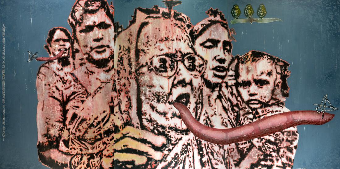 Jitish Kallat: Jitish Kallat Tragedienne (Taste, Lick, Swallow and Speak) mixed media on canvas triptych 89.75 x 178.75 in. (228 x 454.5 cm.) each panel 89.75 x 59.5 in. (228 x 151 cm.) painted in 2002 Signed, title