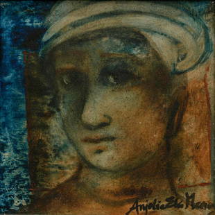 Untitled: Oil painting on masonite of a face, signed &#8216;Anjolie Ela Menon&#8217; on the lower right