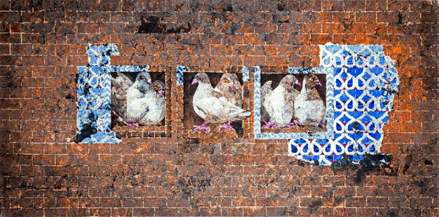 Pigeon Holed II: Oil painting on canvas of pigeons against a brick wall, signed 'Jamil Naqsh' on the lower left edge