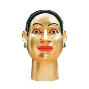 Head-06: Gold gilded polyester, resin and fiberglass sculpture by G. Ravinder Reddy, signed and dated 'G. Ravinder Reddy / 2005' on the inside the hollow of the base