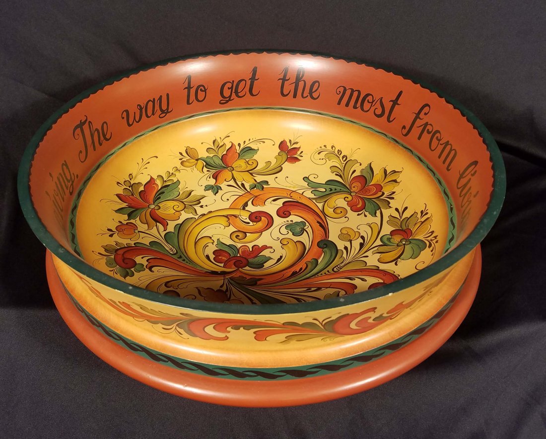 Sunhild M.- Rosemaling Bowl: Sunhild M.- Telemark style Rosemaling Bowl dated 1983 bright orange and yellow plumed decorated rosemaling. Interior quote: The way to get the most from living is not in receiving but in giving.