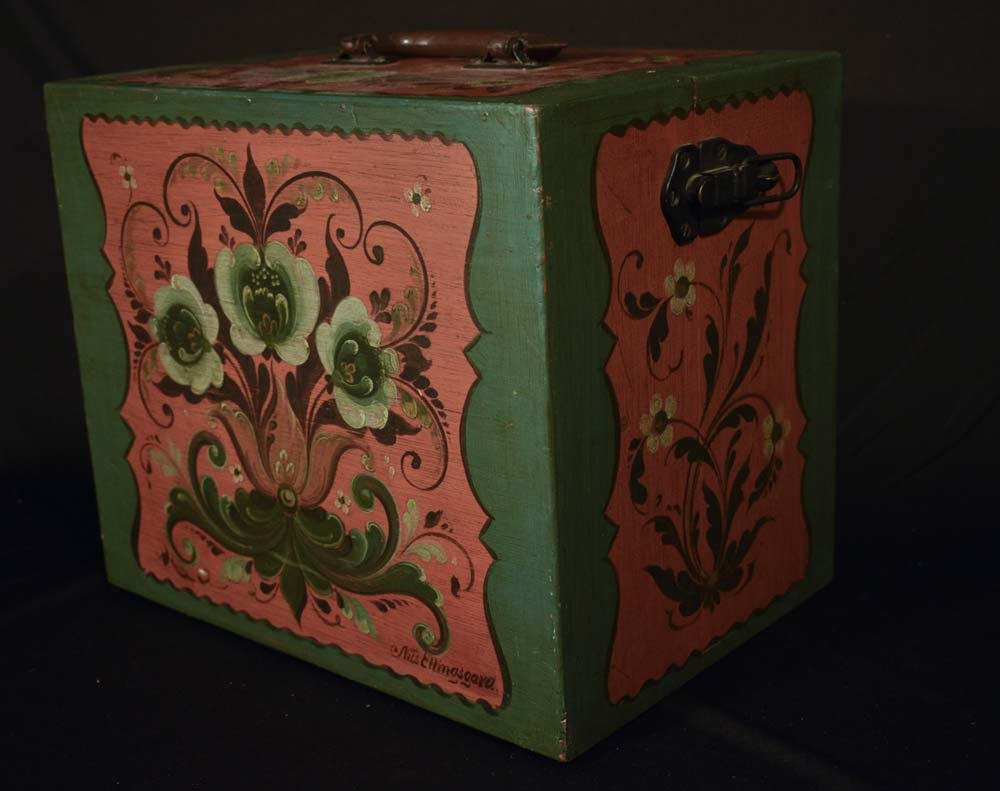 Ellingsgard-Rosemaling Camera Case: Ellingsgard-Rosemaling Camera Case dated 1949. Metal latches on each side leather handle on top.Camera case built for Dean Madden's specification for his camera. He was the official photographer for 7