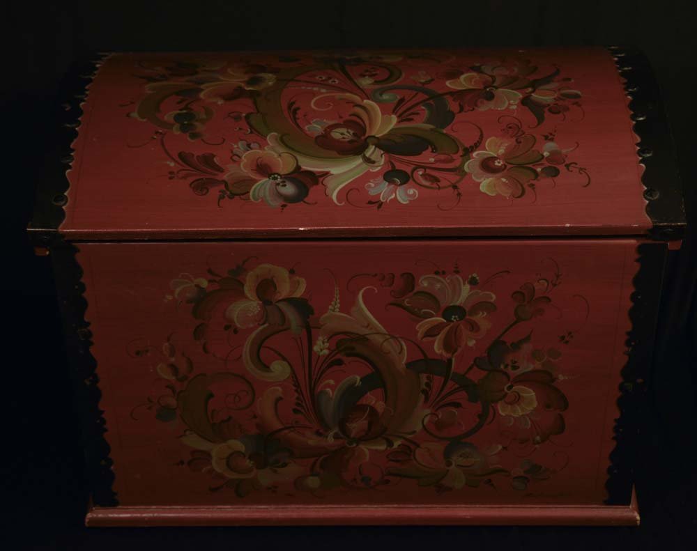 Sigmund Arseth- Rosemaling Chest: Sigmund Arseth- Rosemaling Trunk dated 1968 metal strapping and handles rosemaling design on top and front, minor rosemaling on sides