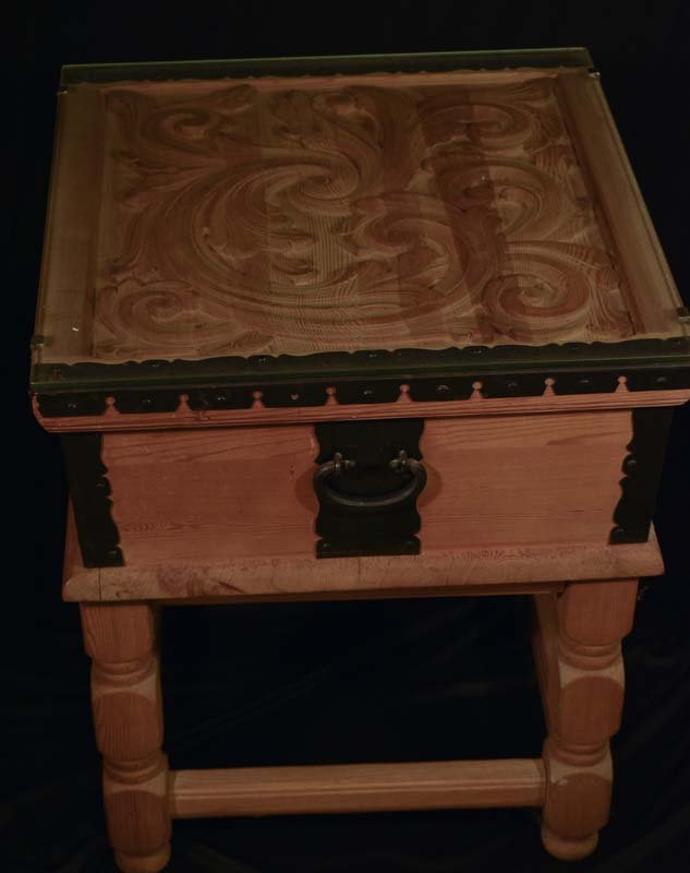 Norwegian Carved Serving Chest: Norwegian Hand Carved Sewing Chest purchased directly from the carver in 1951.