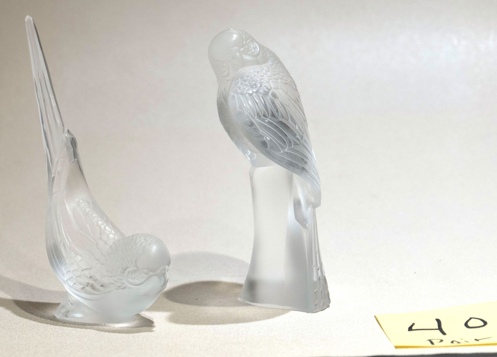 Pair Lalique glass parakeets: Pair Lalique glass parakeets