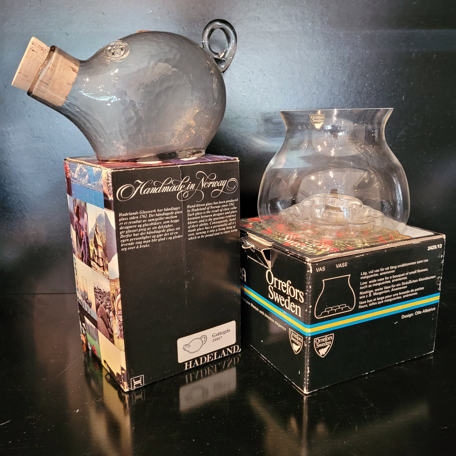Hadeland Glass Pair - Gottgris and Flower Vase: Hadeland Glass Pair - Gottgris decanter and Flower Vase - pair in original boxes.
