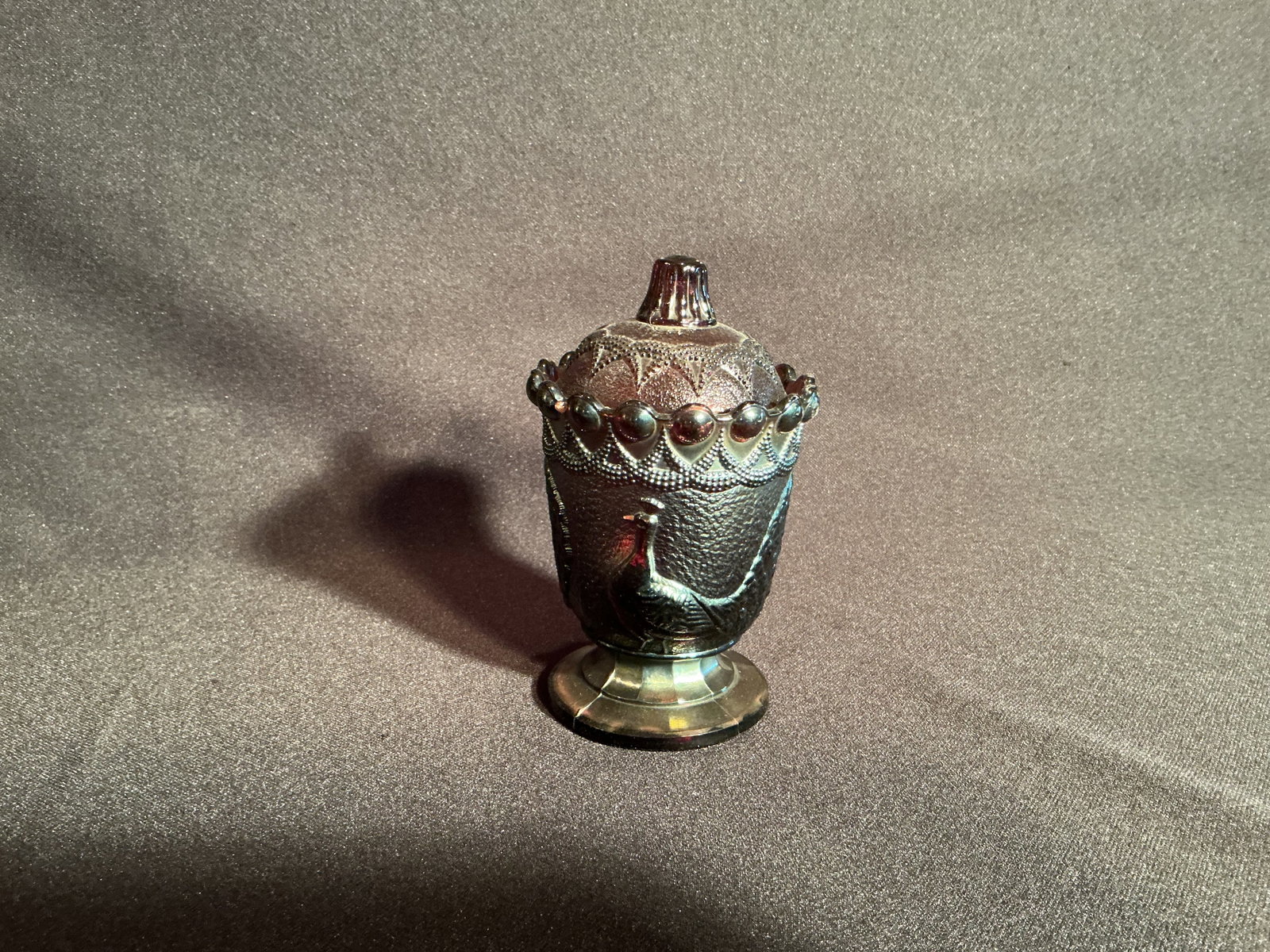Peacock Carnival Glass condiment jar (1 of 2)