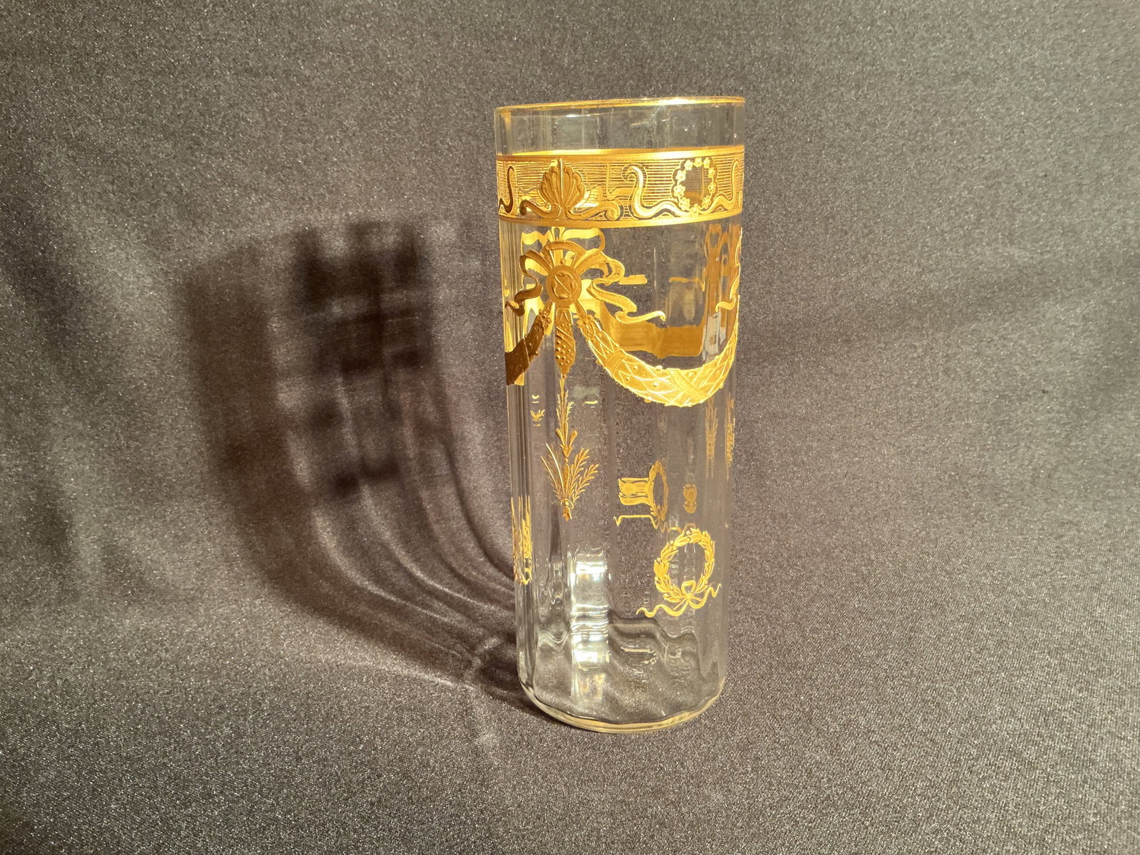 Molded Gold Enamel Cylinder Flower Vase: Finley enameled classical swag, acanthus, and wreath designs.