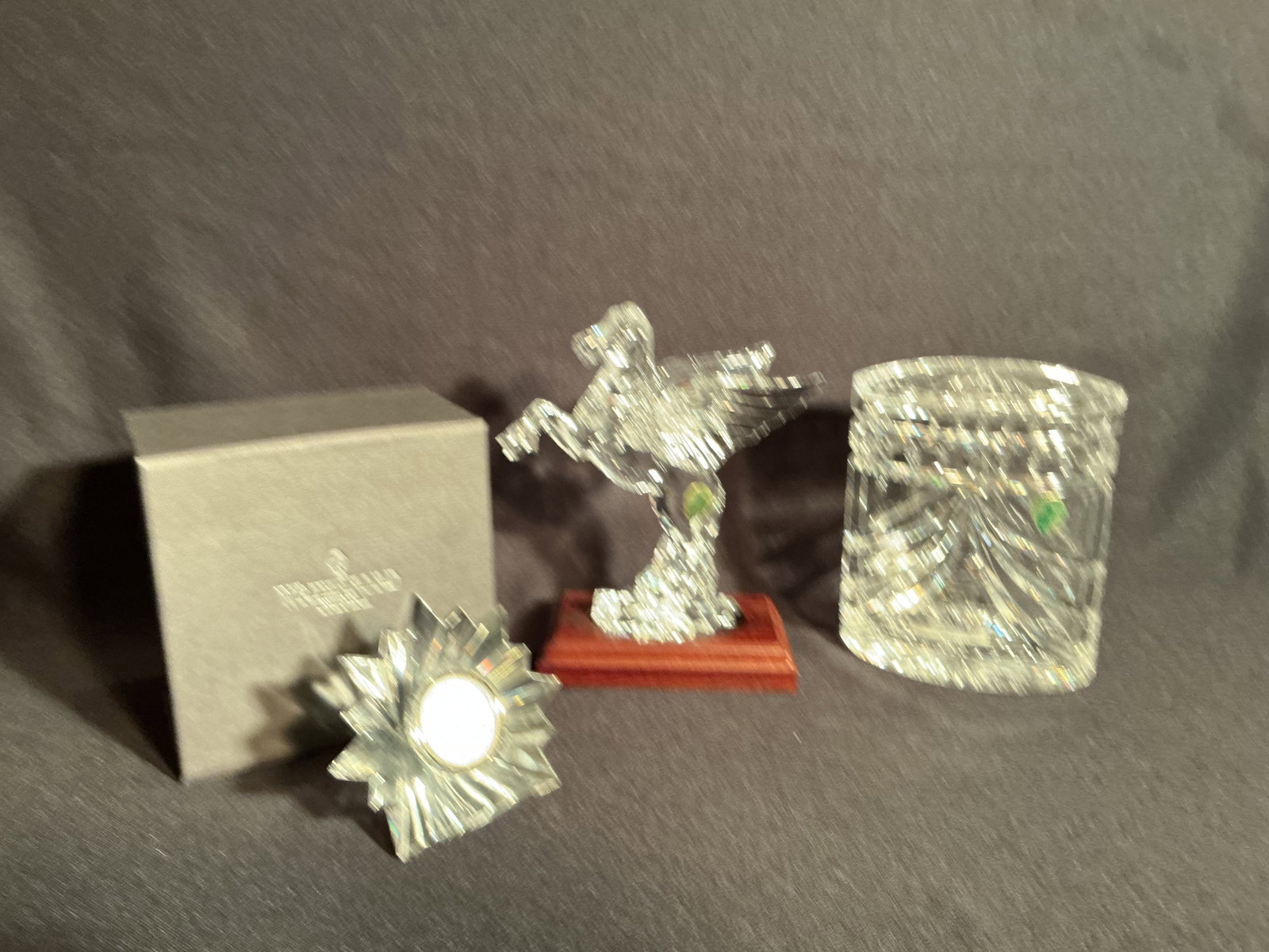 Three piece Waterford Group: Pegasus, clock, lidded jar