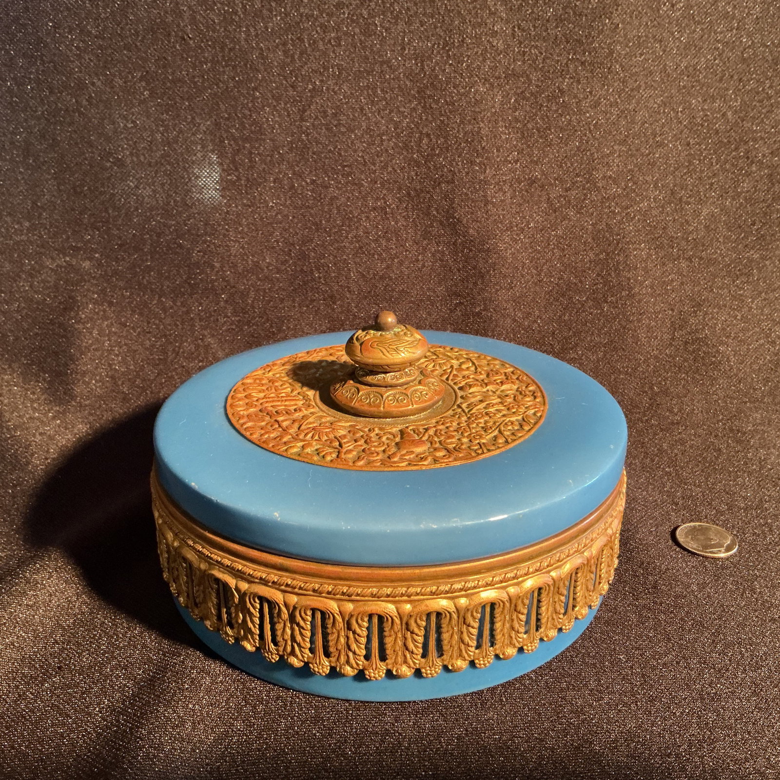 Dresser Box - Style of Weiner Werkstatte: Dresser Box - Style of Weiner Werkstatte in blue porcelain with bronze mounts with laurel and acanthus designs. No mark found.