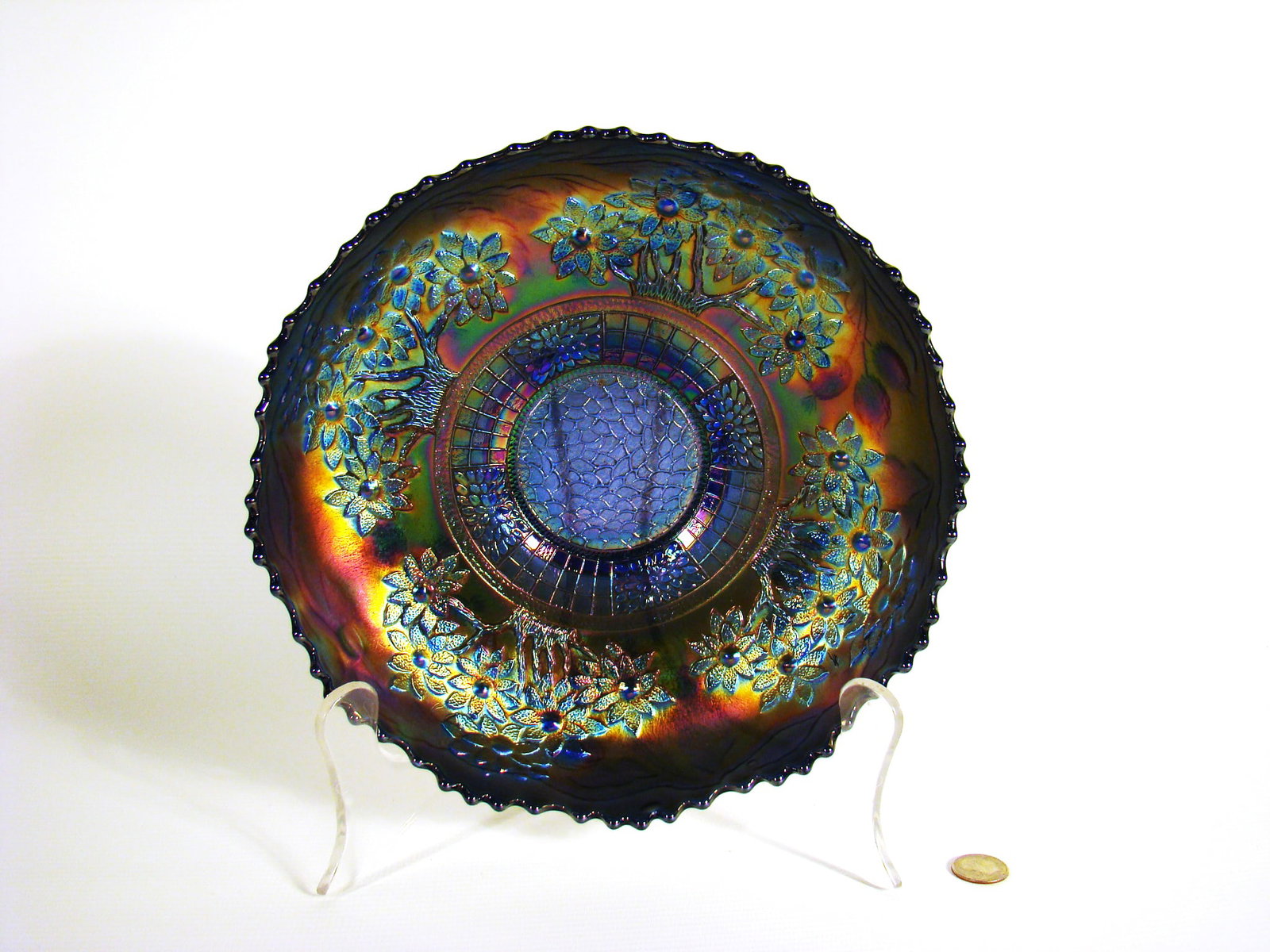 Millersburg (?) plate Carnival Glass: Flowering tree in amethyst.