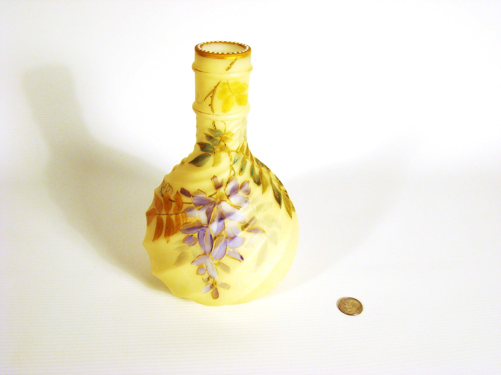 Smith Brothers Bottle/Vase: Hand-painted Wisteria pattern on molded diagonal pleats.