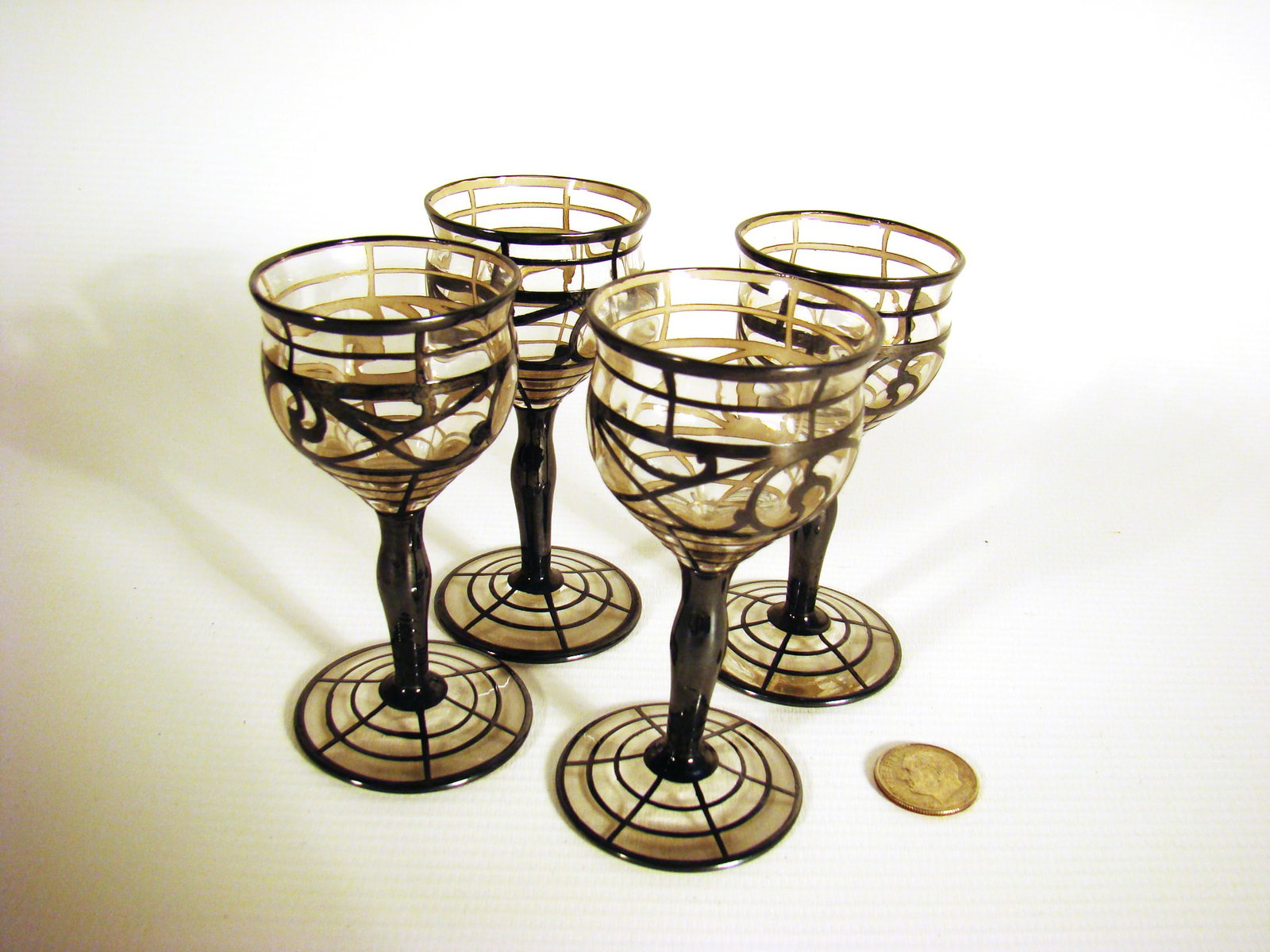Sterling Inlaid Sherry Glasses: Sterling Inlaid Sherry Glasses with Art Nouveau design.