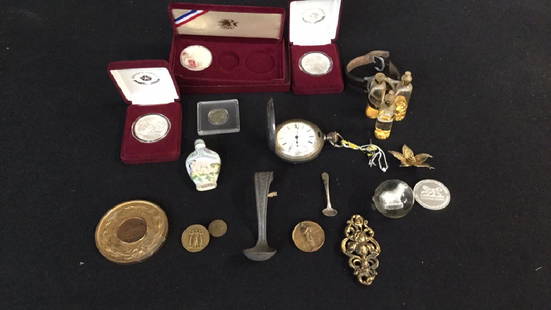 Oddities Pocket Watch, Snuff Bottle, Coins,: Oddities Pocket Watch, Snuff Bottle, Coins,