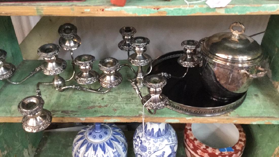 Pair Silver Plate Candelabra Branches, Tray, And: Pair Silver Plate Candelabra Branches, Tray, And