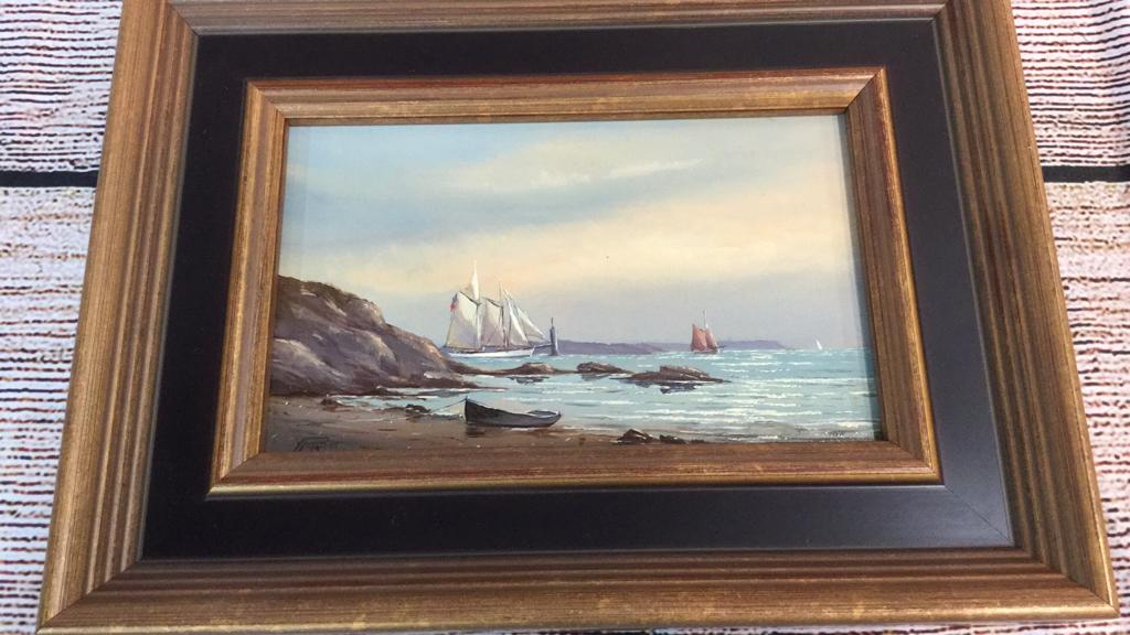 Oil on Panel, Artist Yvette Parent " Red Main Sail", 5": " Red Main Sail", 5" x 8",signed lower left