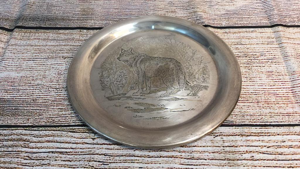 Sterling Reed and Barton Plate: With 24 kt Gold by Artist Robert Johnson, Timber Wolf 1976, 9 1/2", 11.11ozt