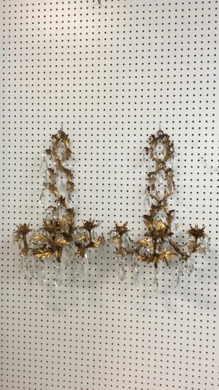 Pair French Gilt Triple Light Sconce: Leaf and Vine Decorative with brilliants, approximately 20”