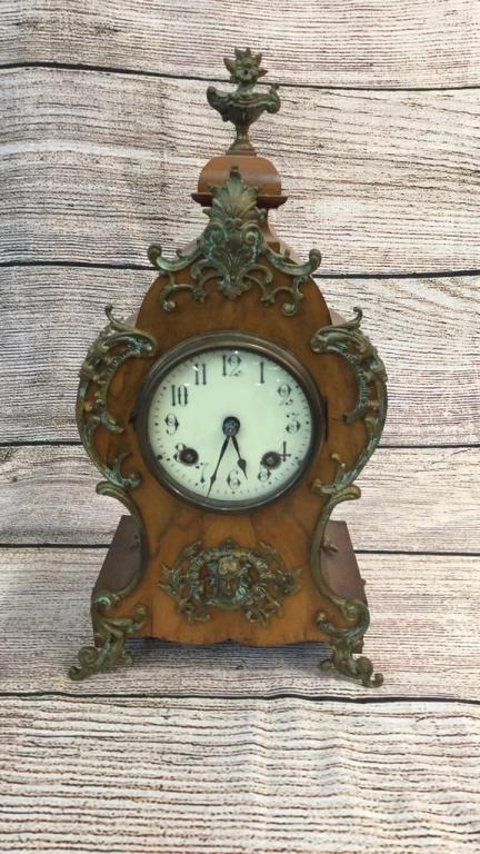 Boulle Style French Mantle Clock,: Wood case with Ormolu Mounts, 14" tall, brass movement