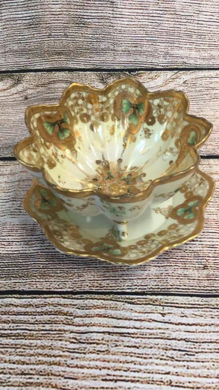 Unusual Nippon Footed Bowl w/ Under Plate: Gilt decorated Bowl with drain holes in base, Shamrock leaf