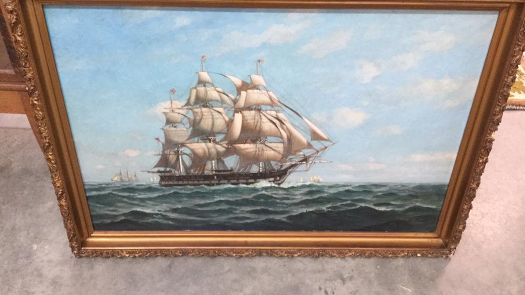 Myron Clark Oil Panting: Sailing Ship, 40" x 28" with frame...Reverse Canvas shows areas of repair... some loss to frame