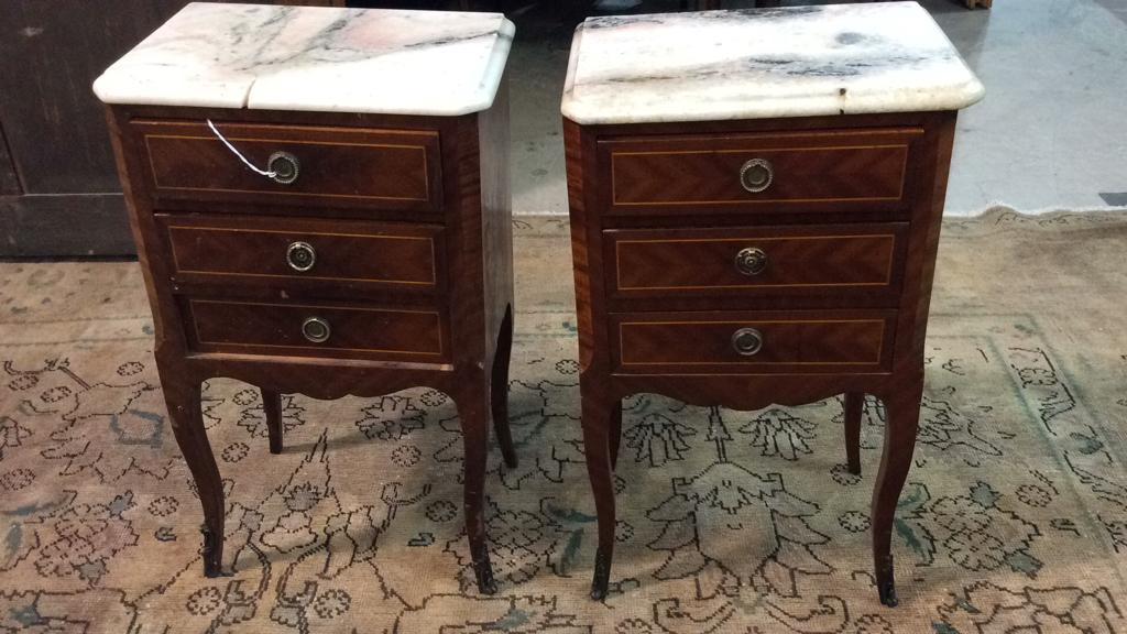 Pair Diminutive French Nightstand: 1 has repaired Marble Top, 1 Drawer missing a pull