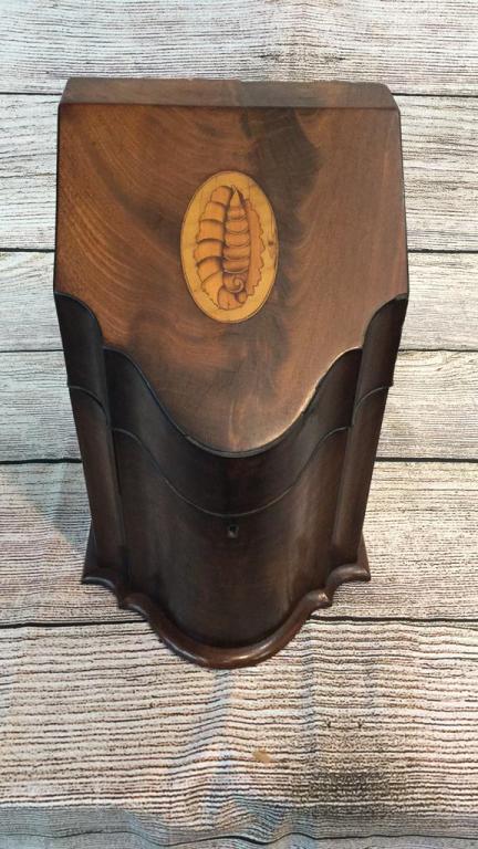 Georgian Inlaid Knife Box: Oval panel with Shell Form Inlay, interior lid with 8 point star Inlay, 3 seperators, shaped lid and key escutcheon * small section of Inlay missing at rim of lid