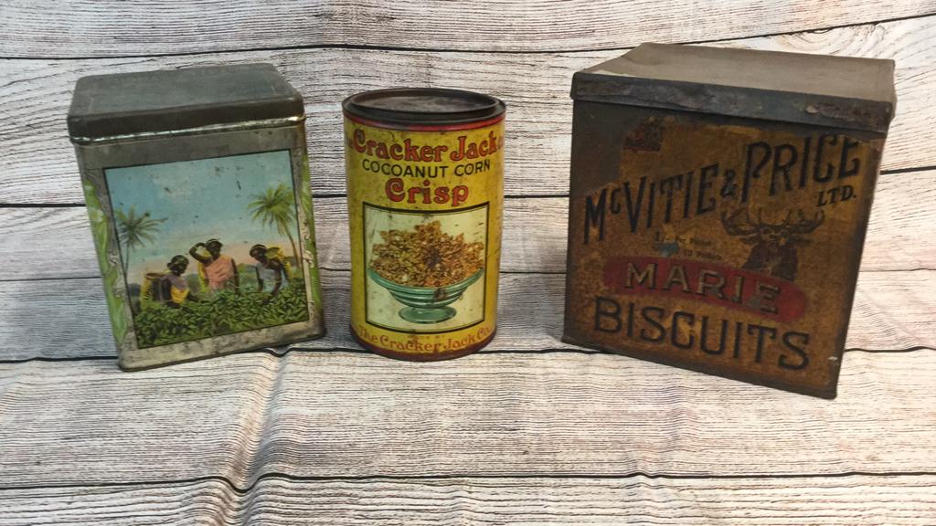 3 Store Advertising Tins: Lipton Tea, Coffee Tin w/ Colorful graphics, Cracker Jack Coconut Corn Crisp Tin, McVitie & Price Biscuit Tin