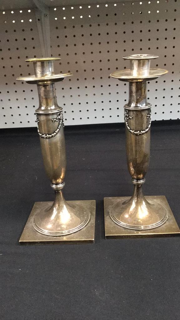 Pair Sterling Pedestal Form Candlesticks: 9" tall, separate toppers and Drip rings, solid form base
