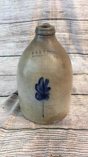 Salt Glaze Fluid Jug: Stamped E &LP Norton, Bennington VT, cobalt Leaf, Loop handle