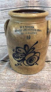 Unusual 1 1/2 Gallon Salt Glaze Crock: Stamped " Grocery and Provision Store" Little Falls NY, bold cobalt bee sting flower. * small hairline in body at back