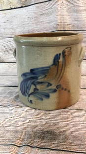 3 Gallon Salt Glaze Crock: Cobalt Bird decorated ****indented mark near shoulder from firing rub