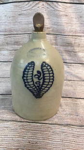 Salt Glaze 2 Gallon Fluid Jug: Stamped J. Burger, Rochester NY, Cobalt Fern Leaf design, Loop handles, Wooden plug