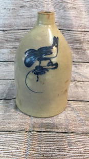 2 Gallon Salt Glaze Fluid Jug: Cobalt Bird Decorated...Loop handle** repaired handle