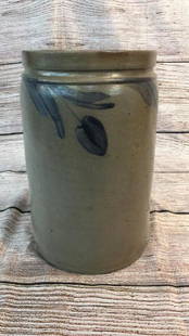 1 1/2 Gallon Salt Glaze Crock: Cobalt Leaf and Fruit Design